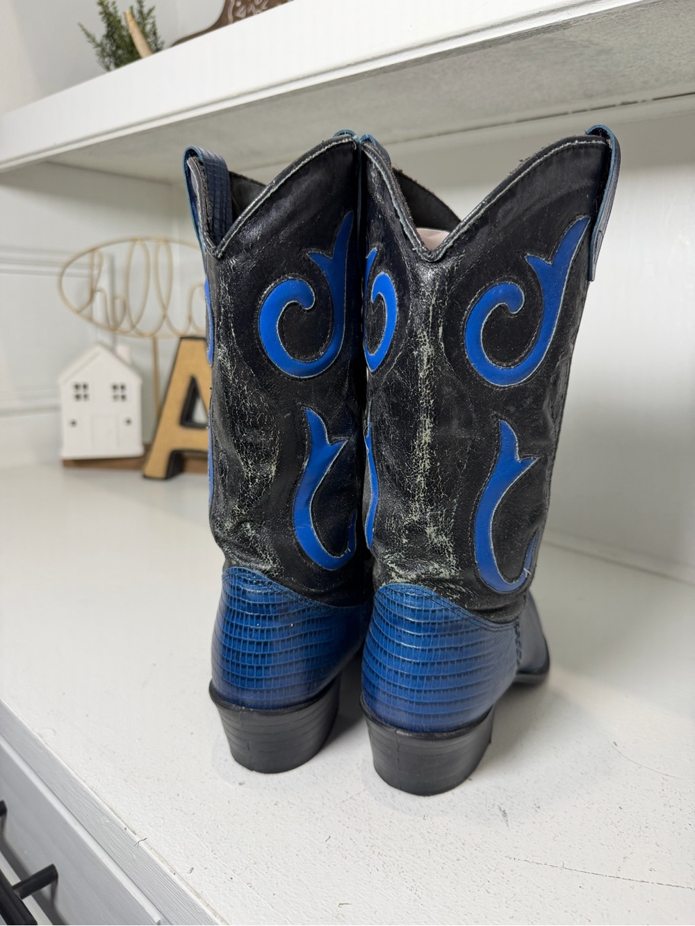 Laredo Cowboy Boots Women's 6 Blue Lizard Print Black Leather Western Colorful - Picture 6 of 9